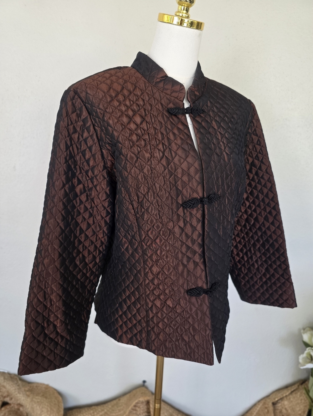 VTG Russell Kemp Quilted Iridescent Brown Frog Closure Pankou Jacket  90s